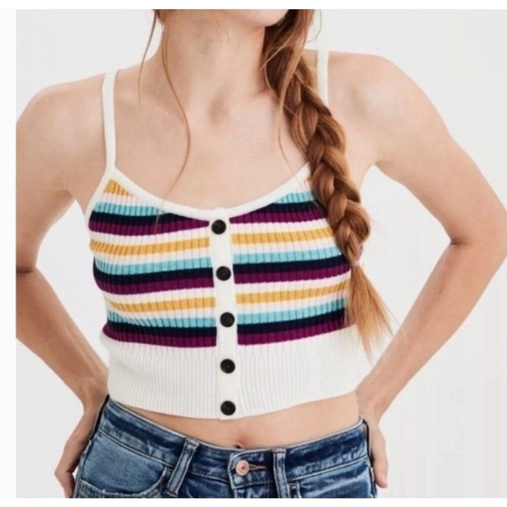 American Eagle Ribbed Rainbow Striped Crop Knit Tank Top Sweater Womens Size XS